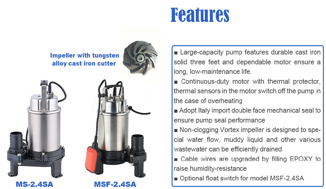 400W Three Feet Industrial Sewage Waste Water Sewage Muddy Slurry Water Drainage Stainless Steel Electric Centrifugal Submersible Water Pump with Cutter