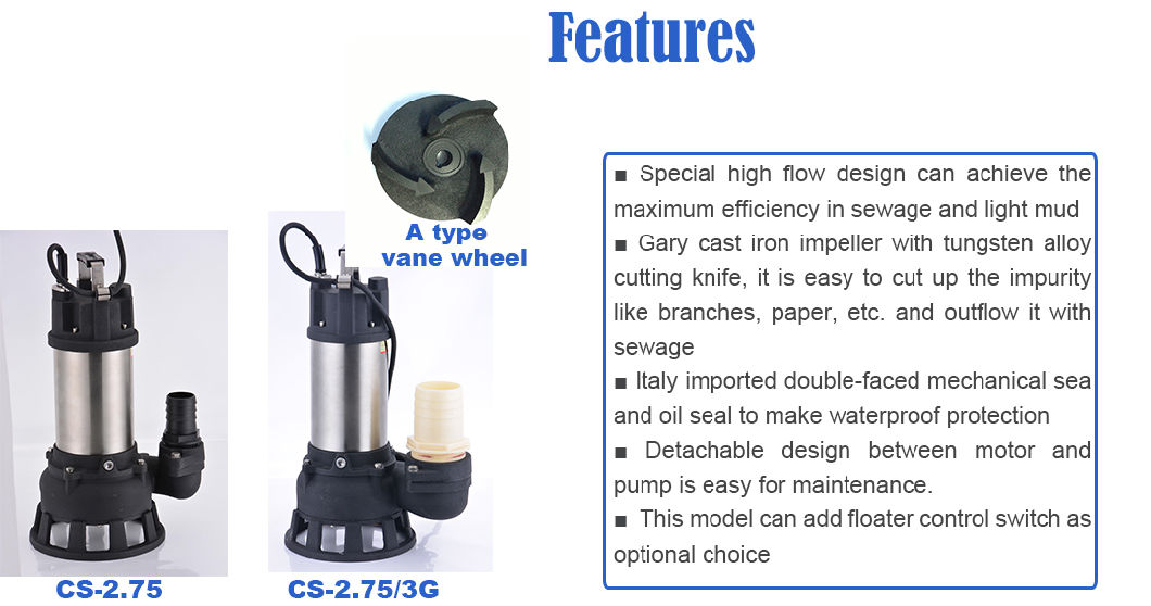 1HP Large Flow Heavy Cast Iron Stainless Steel Sewage Cutting Submersible Water Drainage Pump for Industry Water Transfer Water Change