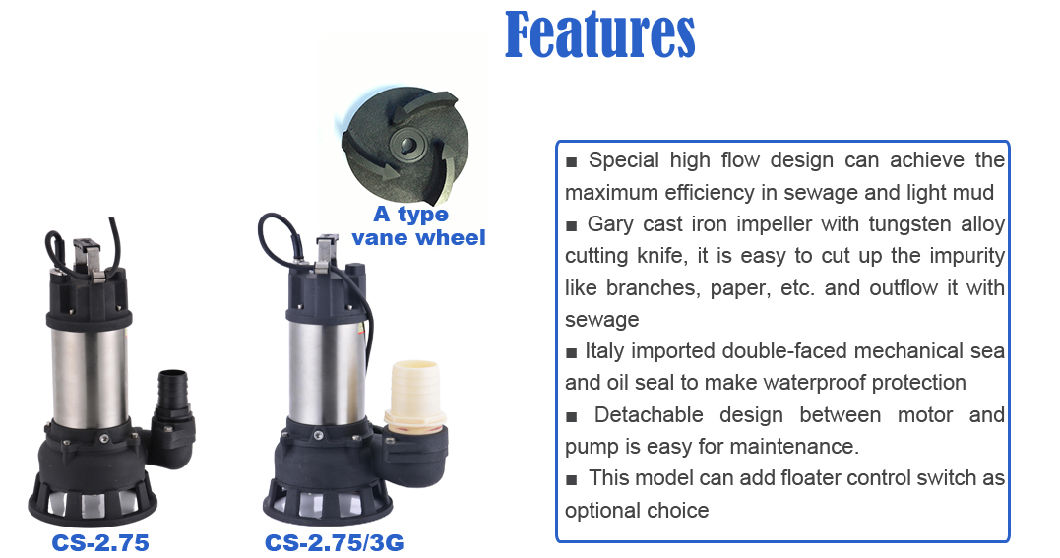 1HP Flooding Storm Water Rainwater Slurry Sewage Cutting Electric Stainless Steel Cast Iron Centrifugal Submersible Water Drainage Pump with Cutter