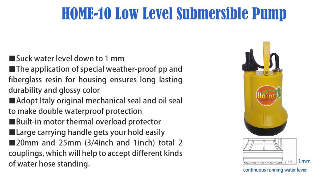 1mm Low Level Residue Drain Small Plastic Automatic Electric Submersible Water Pump for Swimming Pool