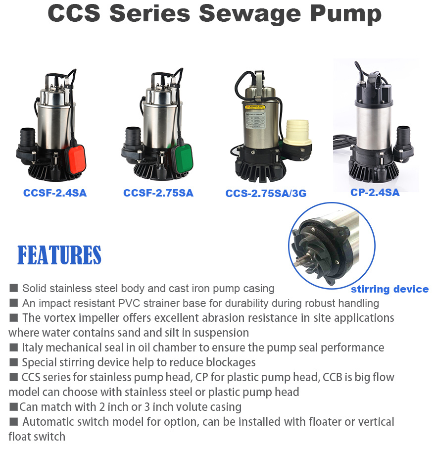1HP Industrial Construction Factory Sewage Effluent Slurry Discharge Stainless Steel Vortex Stirring Centrifugal Submersible Water Drainage Pump