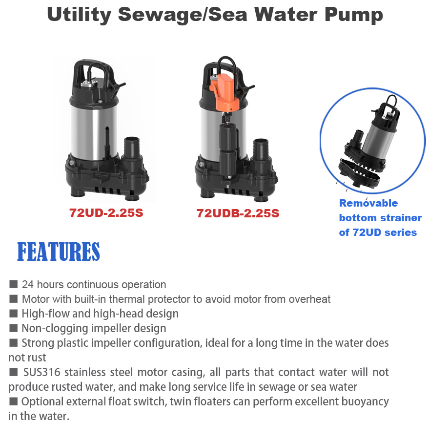24 Hours Operation Electric Single Phase Stainless Steel Centrifugal Submersible Sea Water Pump for Fish Pond Koi Farm Water Circulation Filter Water Drainage